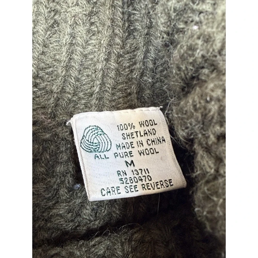 VTG Hand Knit Shetland Wool Cable Knit Turtleneck Sweater Womens M‎ Green Chunky